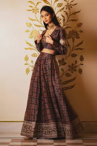 Ajrakh Print Skirt And Coat Set