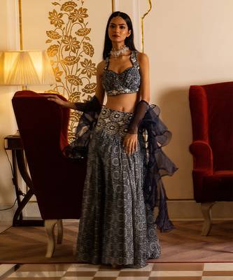 Blue Printed Broad Belt Skirt Set 1