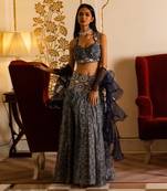 Blue Printed Broad Belt Skirt Set