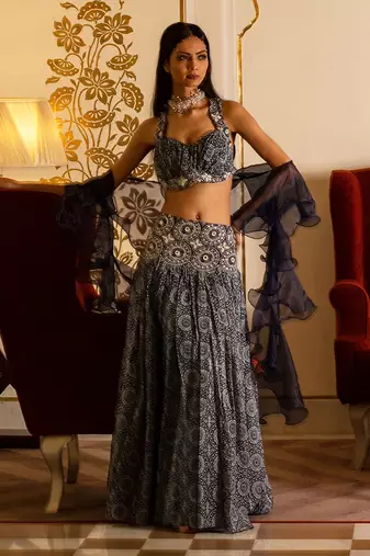 Blue Printed Broad Belt Skirt Set