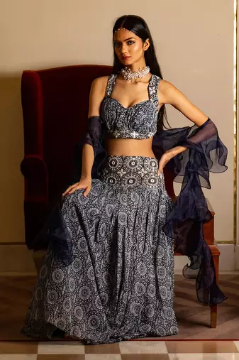 Blue Printed Broad Belt Skirt Set