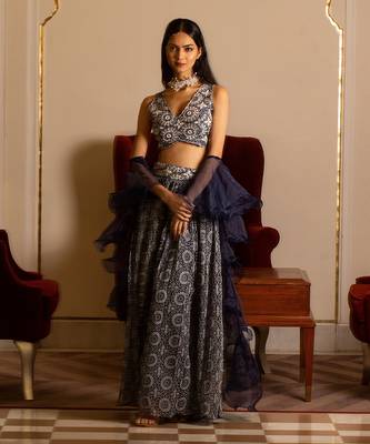 Blue Printed Skirt And Blouse Set 1