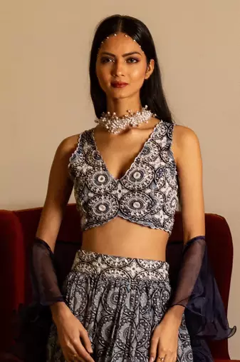 Blue Printed Skirt And Blouse Set