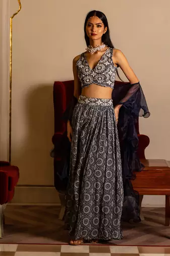 Blue Printed Skirt And Blouse Set