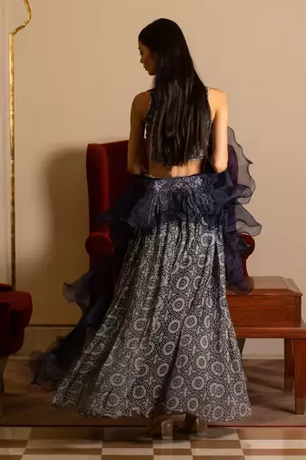 Blue Printed Skirt And Blouse Set