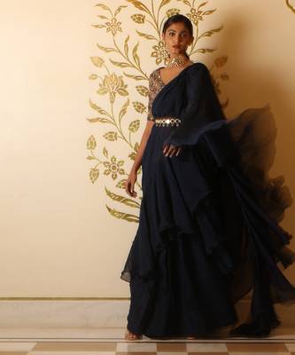 Prussian Blue Organza Ruffle Saree Set 1