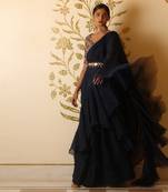 Prussian Blue Organza Ruffle Saree Set