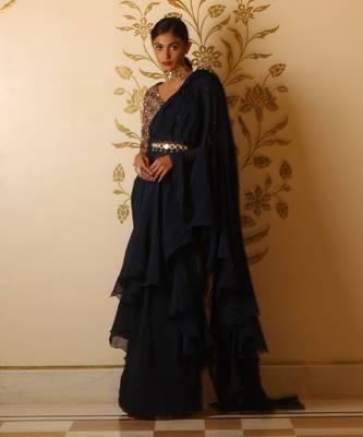 Prussian Blue Organza Ruffle Saree Set 2