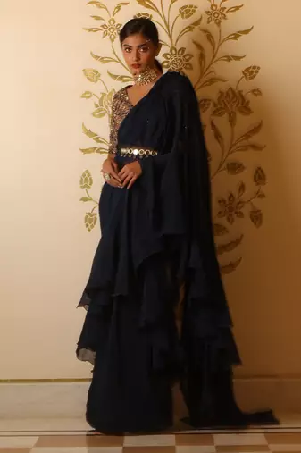 Prussian Blue Organza Ruffle Saree Set