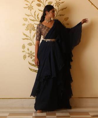 Prussian Blue Organza Ruffle Saree Set 3