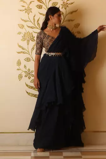Prussian Blue Organza Ruffle Saree Set