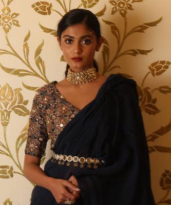 Prussian Blue Organza Ruffle Saree Set 4