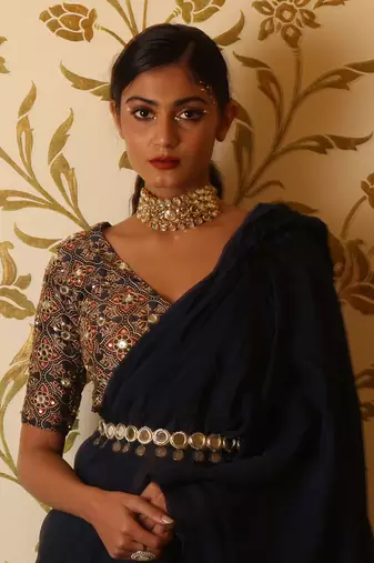 Prussian Blue Organza Ruffle Saree Set