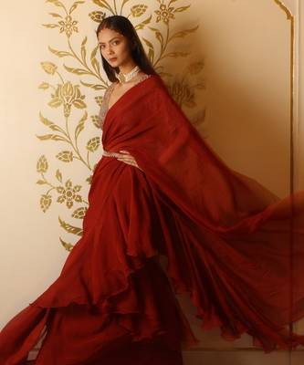 Rustic Red Organza Ruffle Saree Set 2