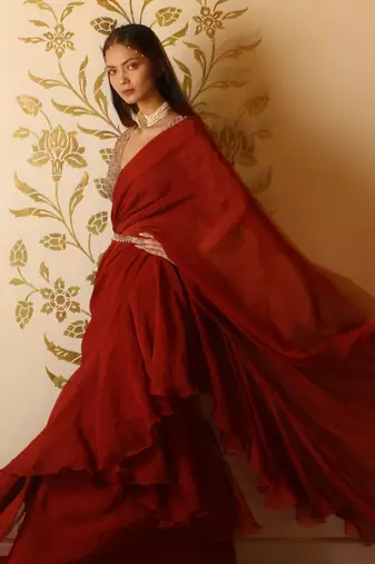 Rustic Red Organza Ruffle Saree Set
