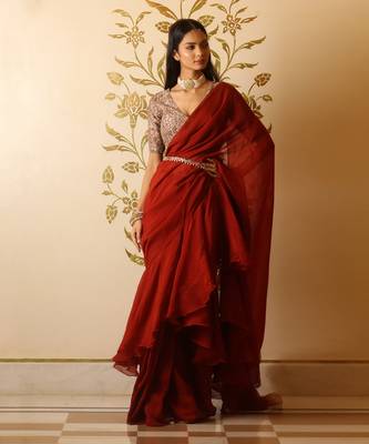 Rustic Red Organza Ruffle Saree Set 3