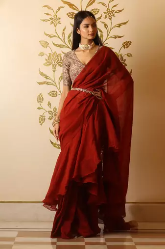 Rustic Red Organza Ruffle Saree Set