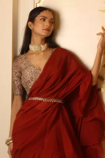Rustic Red Organza Ruffle Saree Set