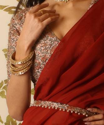 Rustic Red Organza Ruffle Saree Set 5