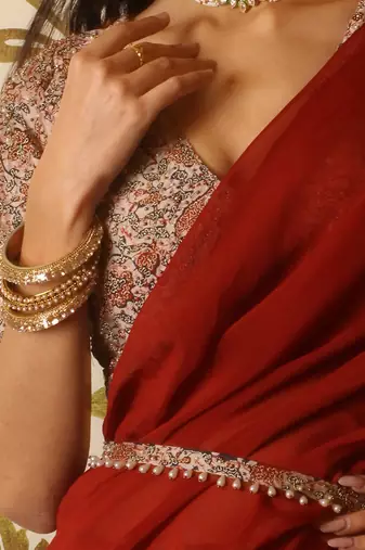 Rustic Red Organza Ruffle Saree Set