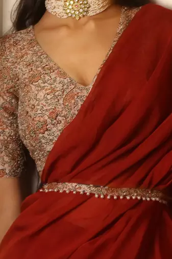 Rustic Red Organza Ruffle Saree Set