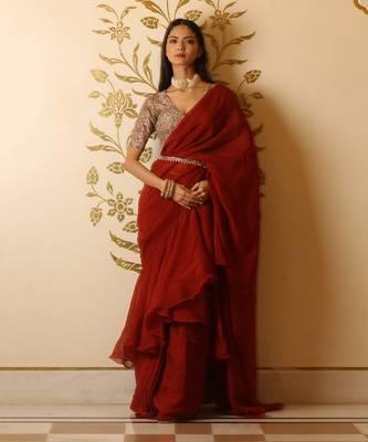 Rustic Red Organza Ruffle Saree Set 1