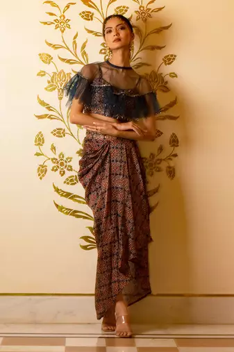 Ajrakh Print Drape Skirt Set