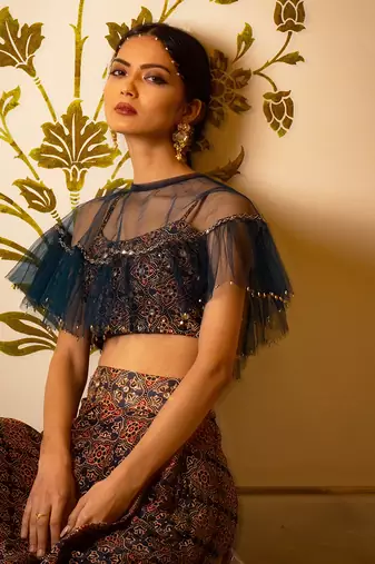 Ajrakh Print Drape Skirt Set