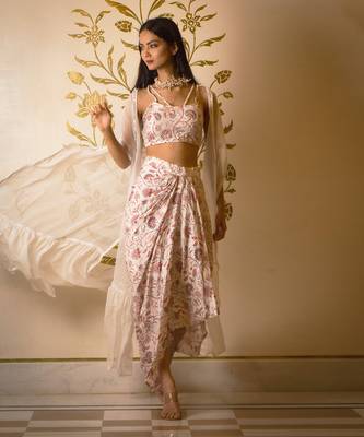 White Printed Drape Skirt Set 1