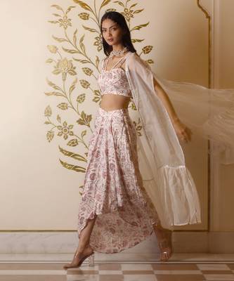 White Printed Drape Skirt Set 2