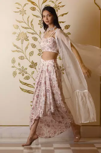 White Printed Drape Skirt Set