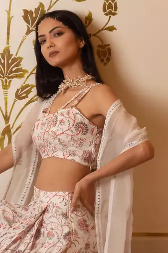 White Printed Drape Skirt Set