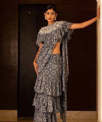 Blue Printed Skirt Saree Set 2