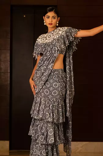 Blue Printed Skirt Saree Set