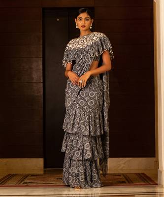 Blue Printed Skirt Saree Set 1