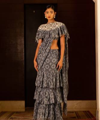 Blue Printed Skirt Saree Set 4