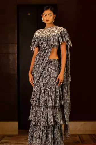 Blue Printed Skirt Saree Set