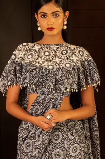 Blue Printed Skirt Saree Set