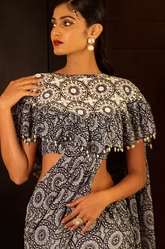 Blue Printed Skirt Saree Set
