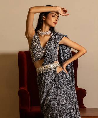 Blue Printed Skirt Saree Set With Belt 2