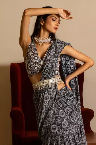 Blue Printed Skirt Saree Set With Belt