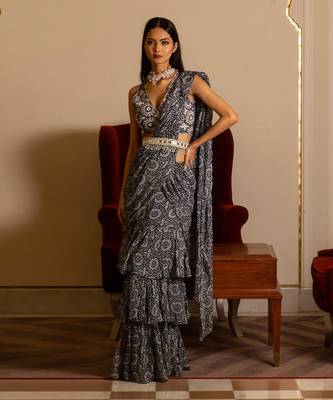 Blue Printed Skirt Saree Set With Belt 1