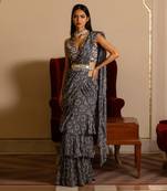 Blue Printed Skirt Saree Set With Belt