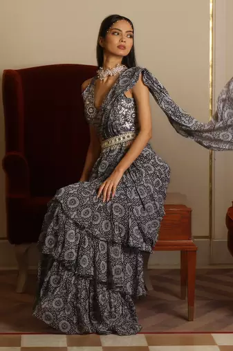 Blue Printed Skirt Saree Set With Belt