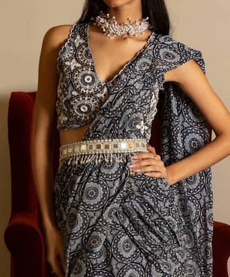 Blue Printed Skirt Saree Set With Belt 4