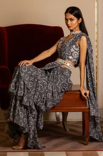 Blue Printed Skirt Saree Set With Belt