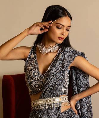 Blue Printed Skirt Saree Set With Belt 6