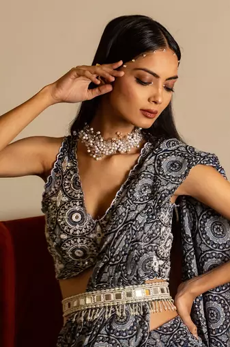 Blue Printed Skirt Saree Set With Belt
