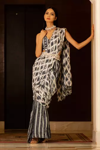 White And Blue Printed Saree Set