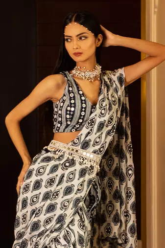 White And Blue Printed Saree Set